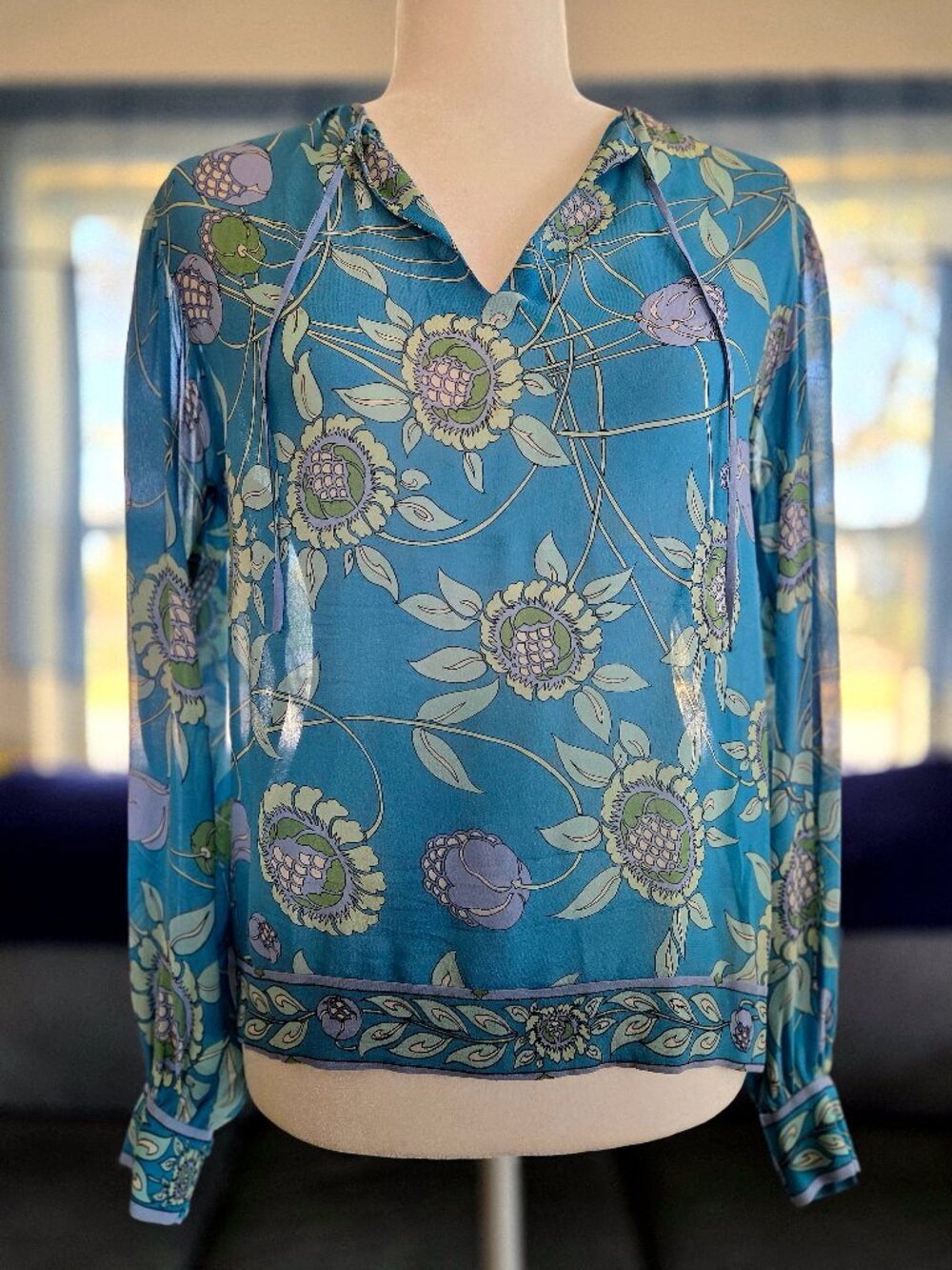 Emilio Pucci Vintage 1960s Turquoise Abstract Silk Blouse